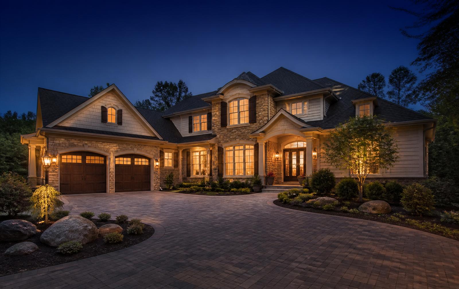 Well-maintained family home at dusk in Metro Atlanta