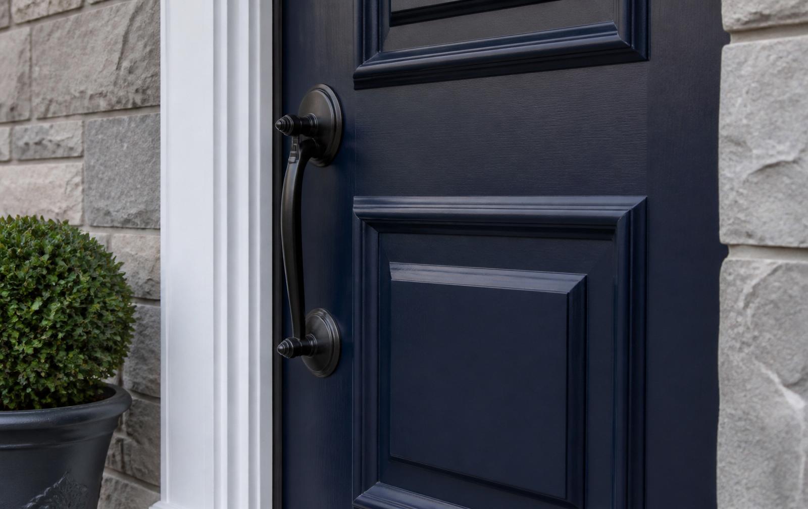 Freshly painted navy front door with clean white trim